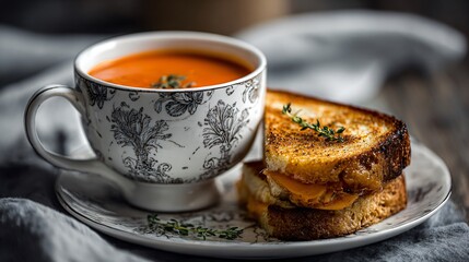 Grilled cheese and tomato soup pairing, cozy kitchen counter and vintage tableware