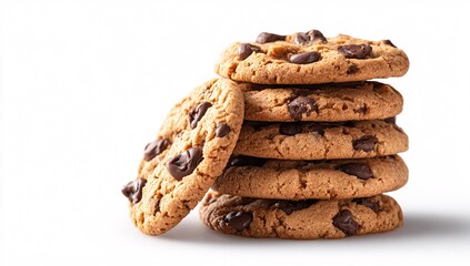 A stack of chocolate chip cookies on a white background