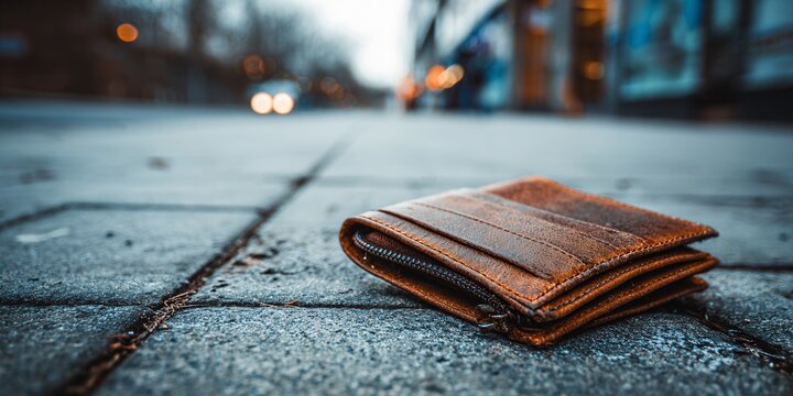 abandoned worn-out wallet on crumbling asphalt road symbolizing financial struggles