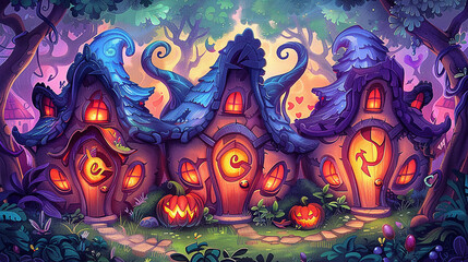 Fototapeta premium Whimsical Halloween village with colorful houses, glowing windows, and carved pumpkins in a forest