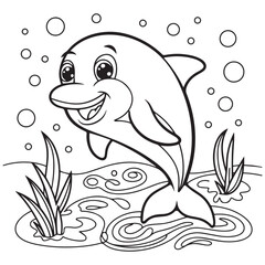 Cartoon drawing of a happy dolphin swimming in the ocean.
