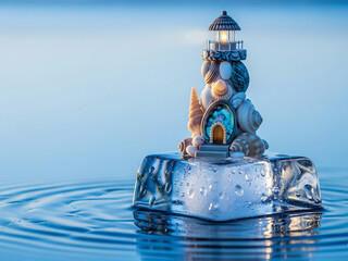 Seashell Lighthouse on Melting Ice Cube – Ultra Realistic 8K Landscape