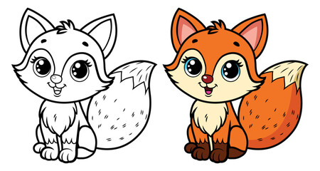 Cute fox cartoon coloring page for kids