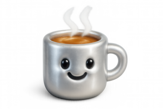 Cheerful silver coffee cup smiling, containing steaming hot coffee, positioned against transparent background