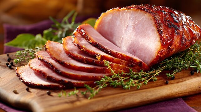 Honey-glazed ham slices on a cutting board, scattered herbs and autumn linens