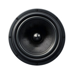 Close up of a round black speaker with visible screws against a black background