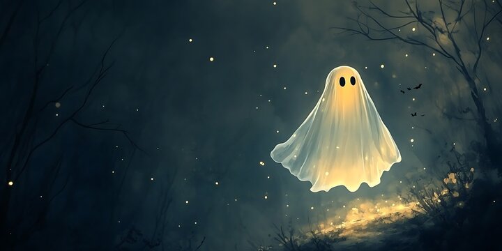 Spooky Forest Ghost: A cute ghost floats serenely in a mystic forest under the night sky. Gentle illustration, evoking playful spookiness and imagination.