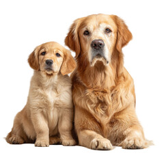 Obraz premium An adult Golden Retriever and a cute puppy companion sitting side-by-side for a portrait.