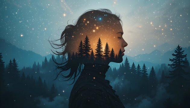 Double exposure silhouette of a woman blended with a starry galaxy and forest - Powered by Adobe
