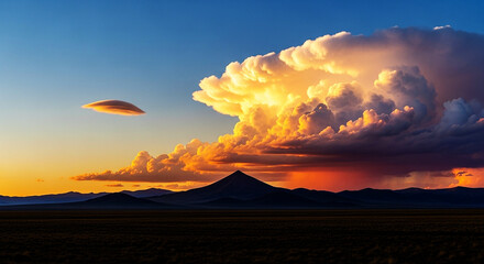 Majestic Sunset Over Vast Plains with Dramatic Clouds and Mountain Silhouettes
