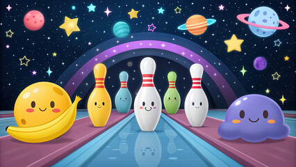 Naklejka premium Cosmic Bowling Adventure A Fun Cartoon Bowling Alley Set in Space with Planets Stars and Smiling Bowling Pins