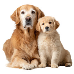 Fototapeta premium An elderly Golden Retriever with a white muzzle and a young fluffy puppy posing together.
