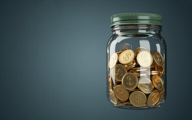 Photo of glass jar filled with golden coins for savings and investment concept