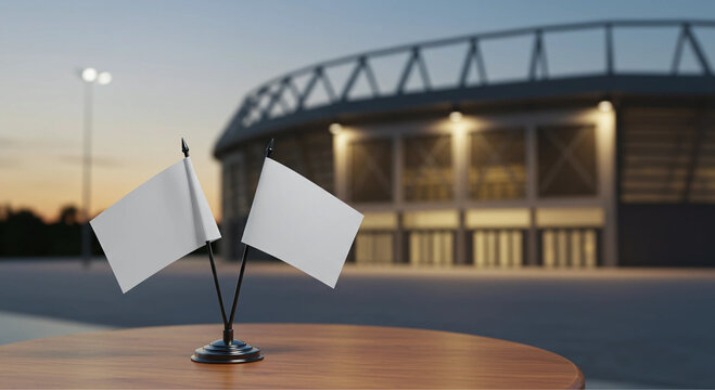 Blank white flags on a table with a stadium in the background ideal for branding mockups