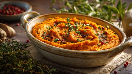 Sweet potato mash in a ceramic dish, surrounded by scattered herbs, overhead lighting