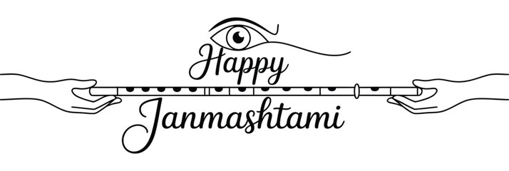 Krishna Janmashtami greeting with stylized eye symbol, decorative “Happy Janmashtami” text, and flute held by two hands