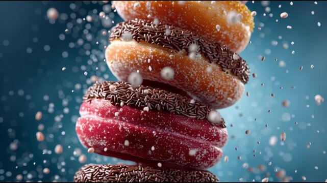 Ultra Processed Foods. Colorful donuts stacked with sugar and sprinkles.