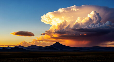 Majestic Sunset Over Vast Plains with Dramatic Clouds and Mountain Silhouettes
