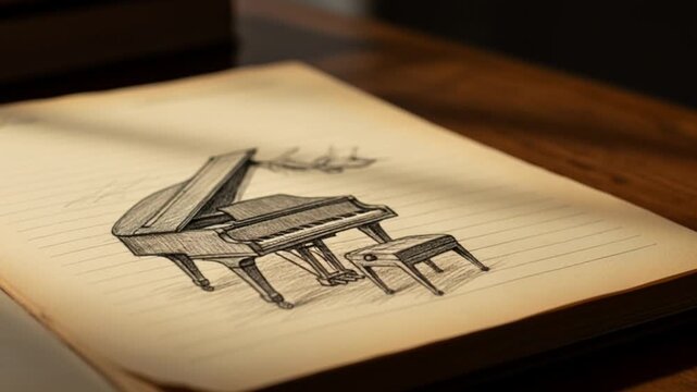 A detailed sketch of a grand piano on an aged sheet music. The drawing shows a piano with the bench, and evokes a sense of classical music and artistic expression
