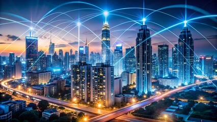 Fototapeta premium Futuristic cityscape with glowing network connections isolated on transparent background