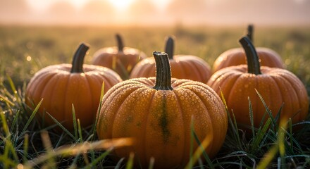 Dew-kissed pumpkins cluster on grassy field as warm sunrise illuminates autumn harvest scene