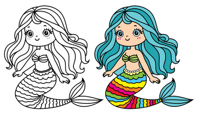 Cute Mermaid cartoon Coloring Page For Kids