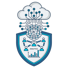 A bold icon for Oracle Cloud World. A cloud and a protective shield enclose symbols for AI, collaboration, and analytics, all connected by a data network