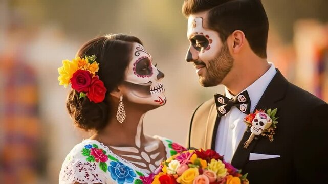 A couple in traditional makeup and attire celebrates a cultural event in a cemetery, surrounded by colorful decorations and vibrant flowers.