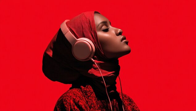 Young Muslim woman listening to music on white headphones