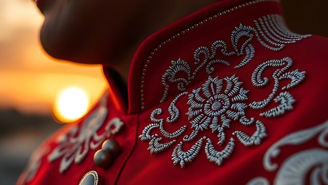Embroidered charro jacket collar with silver details, showcasing rich red fabric and cultural elegance.