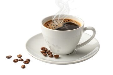 Fototapeta premium Hot steaming cup of coffee with coffee beans isolated on transparent background