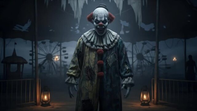 A terrifying clown looms in a dark, abandoned amusement park, with silent Ferris wheels under a spooky night sky.