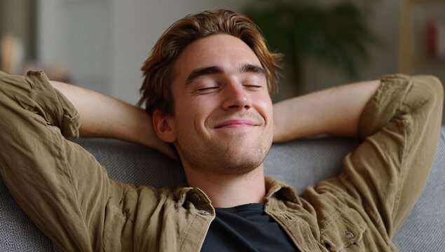 Content man lounging comfortably with hands behind head