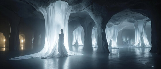 Silhouette in ethereal, cavernous space; glowing fabric drapes illuminate a mysterious figure