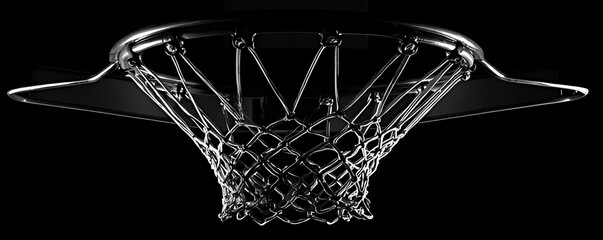 Close-up of a basketball hoop and net against a black background. A dramatic close-up of a basketball hoop and net, set against a pure black background.
