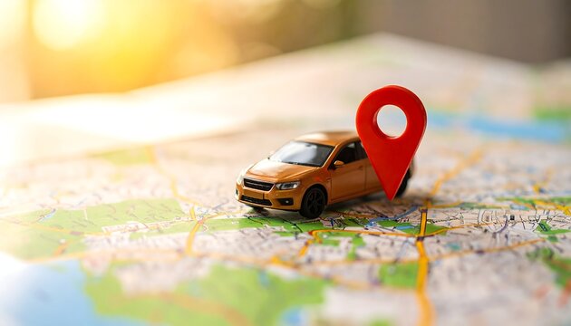 Toy car on a paper map with a red location marker