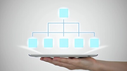 Hand Holding Tablet Displaying a Blue Organization Chart On a White Background with Modern Design
