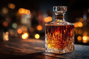 Whiskey decanter on wooden table in cozy bar