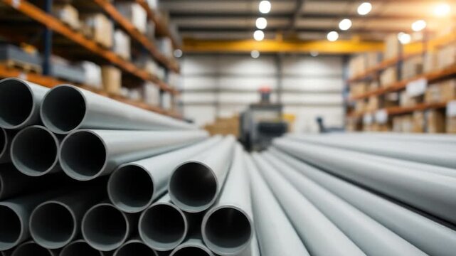 Gray pipe stack in warehouse industrial material cylinders for storage and distribution
