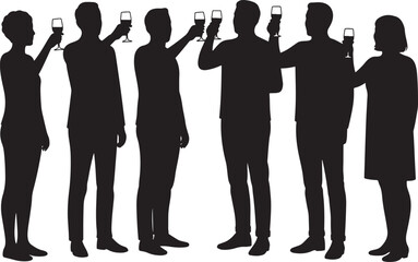 Group of people raising glasses in a toast silhouette