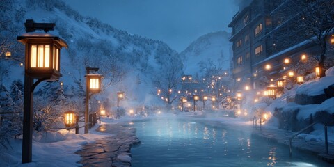 Fototapeta premium Serene winter landscape with a traditional Japanese outdoor onsen spa