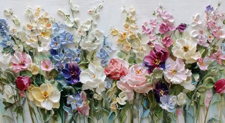 An artful flower garden with pastel hues and thick impasto paint strokes on a white canvas
