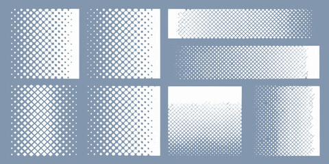 Collection of abstract halftone patterns with fading dots and squares