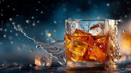 A splash of whiskey over ice cubes, close up - Powered by Adobe