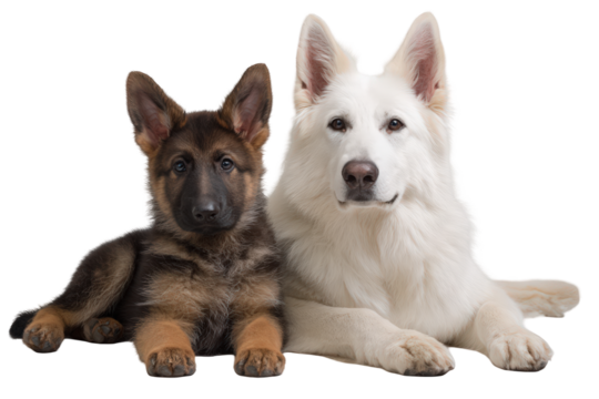 A brown German Shepherd puppy and a white adult Swiss Shepherd dog lying together looking attentively at the camera with erect ears.