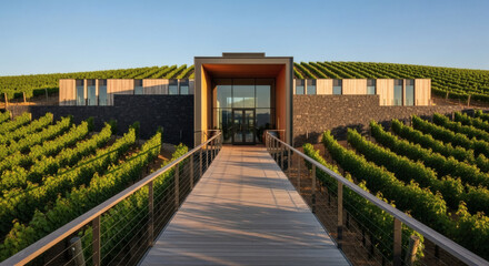 Fototapeta premium Stunning modern winery and tasting room with a grand entrance bridge, perfectly integrated into the rolling hills of a lush green vineyard.