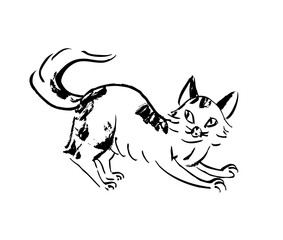 Fluffy tabby cat in sketch style, hand drawn with black ink and transferred to vector image. Minimalistic pet illustration suitable for print, cards, logos and interior design.