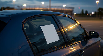 Blank white square sticker mockup on car window at dusk in parking lot