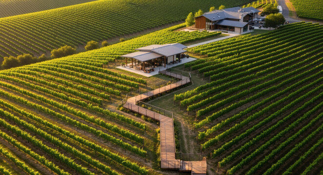 Aerial view of a stunning winery estate nestled among rolling hills of a vibrant green vineyard at golden hour.