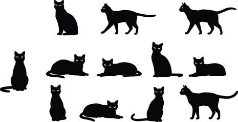 Black cat silhouettes, sitting, standing, walking, lying down, yellow eyes, Halloween theme, feline clipart, vector art, pet design, animal illustration